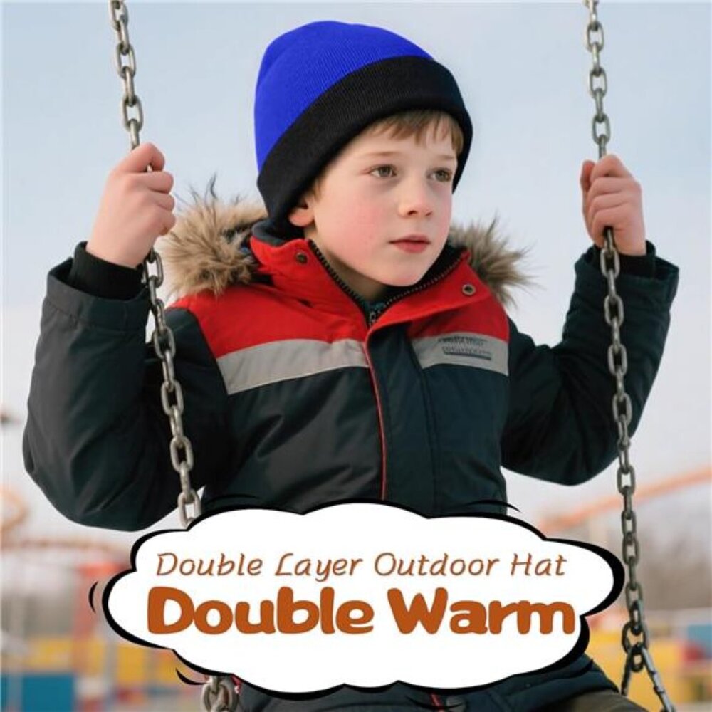 2 Pack Kids Knit Beanie Boys Girls Beanies- Kids Winter Reversible Beanie Hats - Picture 5 of 5